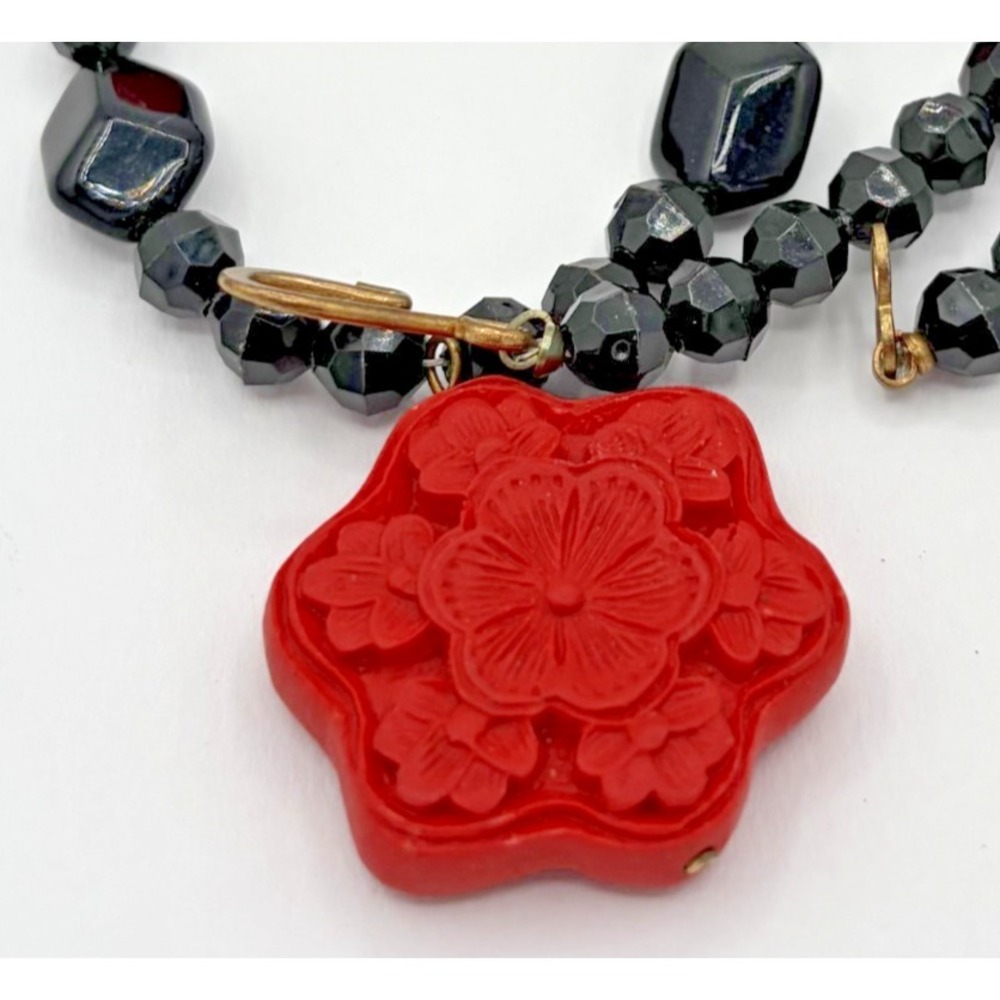 Vintage Red Flower Carved Pendant Black Faceted Bead Necklace  Faux Cinnabar